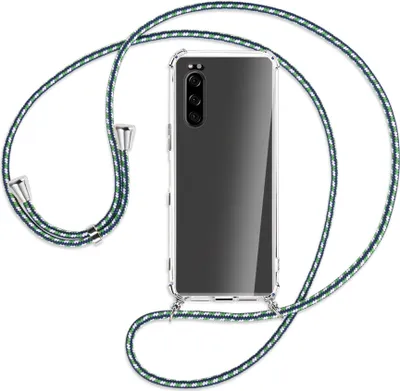 Produktbild von Handykette Backcover-Schutzhülle mit Band (Metall silberfarben) für Sony Xperia 5 - grün/blau/weiß