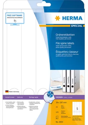 Image de HERMA, étiquettes pour classeurs, format A4, blanches, 38x297 mm, papier mat, 125 pièces.