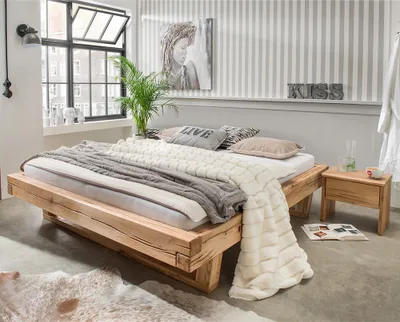 Produktbild von Massivholz Doppelbett mit 2 Nachttischen, 200x200 cm, Eiche massiv, ohne Kopfteil, Massivholzkufen, UPPSALA-137, B/H/T ca. 318/42/228 cm
