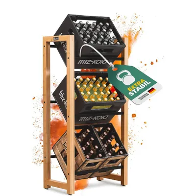 A wooden shelf holding three crates of bottles, with orange powder exploding around it.