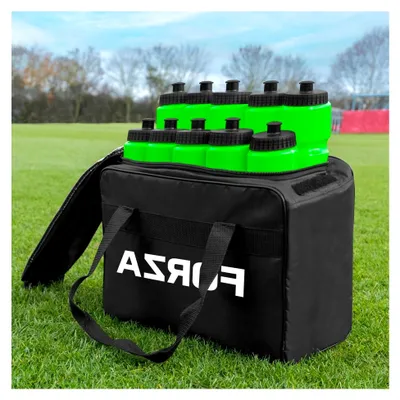 Produktbild von Set aus 10 Wasserflaschen (750 ml) und Tragetaschen │ 10-fache Flaschenkapazität │ Flaschentasche für Sportmannschaften (Grün)
