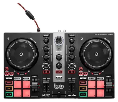 A top-down view of a Hercules DJ controller.