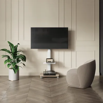 Produktbild von Verrijdbare TV Standaard mit Holzfuß für 32-70 Zoll - Drehbar & Höhenverstellbar - Bodenständer auf Rollen