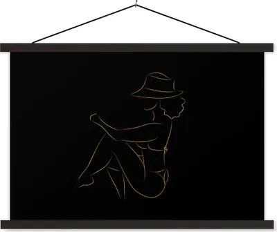Produktbild von MuchoWow® Textilposter Frau - Hut - Gold - Strichzeichnung 60x40 cm mit schwarzem Rahmen - Hölzernes