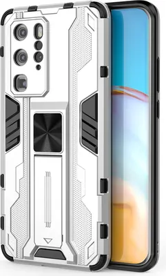 Produktbild von Huawei P40 Pro Hülle, Dual Layer PC TPU Bumper Stoßfest Ständer Schutzhülle für Huawei P40 Pro Silber