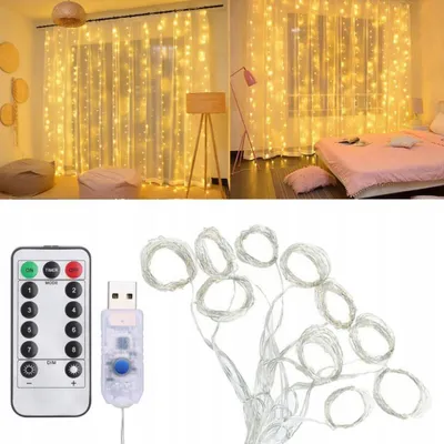 Produktbild von Lichtvorhang 300 LED 3 × 3 m USB 5 V 8 Modi Fernbedienung dekorativ warmweiß