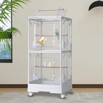 Imagen del producto de Jaula grande de dos niveles con ruedas, separador removible, plato extraíble, comederos, perchas y plataforma de juegos para pájaros pequeños