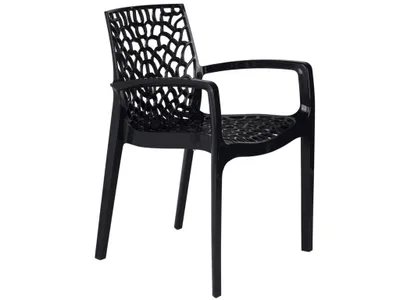 A black plastic chair with an open, web-like backrest and armrests, shown on a white background.