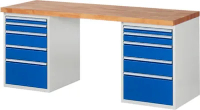Produktbild von Werkbank mit 10 Schubladen - Vollauszug - 60:2 / 90:2 / 150:4 / 270:2 - 840 x 2.000 x 700 mm (HxBxT) - Traglast 1.000 kg - Buche