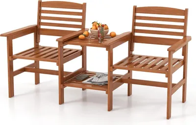 Zdjęcie produktu dla Zestaw mebli ogrodowych 2-osobowych – drewniana sofa ze stolikiem – stolik kawowy – otwór na parasol – wymagany montaż