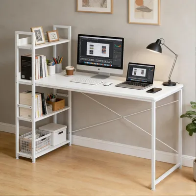 Image de Bureau d'ordinateur 120 x 60 cm, grand plateau, structure métallique, adapté aux bureaux, salons, cabinets de travail et chambres à coucher.