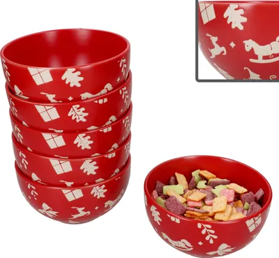 Image de lot de 6 bols à céréales Avent 450ml faïence rouge crème Noël biscuits