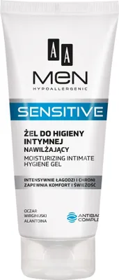 A white tube of AA Men Sensitive Moisturizing Intimate Hygiene Gel.