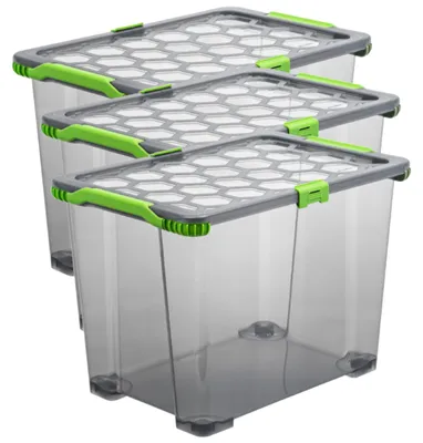 Produktbild von Rotho 3er Set Aufbewahrungsbox mit Rollen 65L Evo Total - Kunststoffbox je 59,0 x 39,5 x 41,2 cm - Stapelbox mit Deckel - Boxen sicher verschliessbar