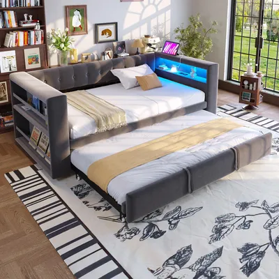 Produktbild von STILVORA Schlafsofa 90/180×190cm mit LED-Beleuchtung Einzelbett mit Steckdose Bettgestell mit Stauraum,ohne Matratze dunkelgrau