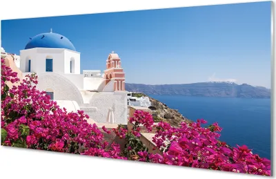 Produktbild von Glasbilder 140x70 Wandkunst Griechenland Blumen Meer Gebäude