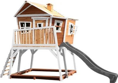 Produktbild von AXI Spielhaus Max mit Sandkasten & grauer Rutsche | Stelzenhaus in Braun & Weiß aus  Holz für Kinder | Spielturm mit Wellenrutsche für den Garten