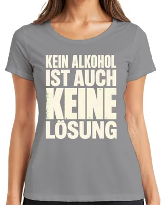 Productafbeelding van Geen alcohol is ook geen oplossing. Grappig T-shirt voor dames, met de tekst "Party", "Bier", "Saufen", "Feieren". Kleur: grijs. Maat: XXL