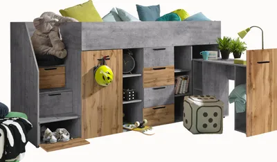 Produktbild von Etagenbett für Kinder KONKRET 3 Stockbett mit Treppe, Kleiderschrank und Schreibtisch (Beton + Wotan Eiche, Seite: Links)