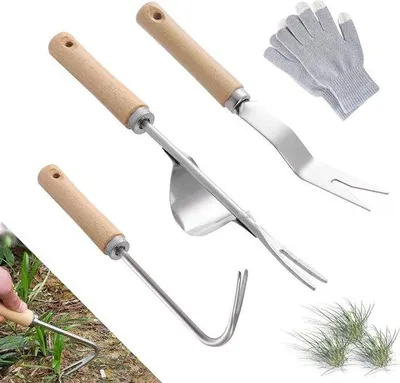 Immagine prodotto di Set di 3 estricatori per erbacce senza plastica, in acciaio inossidabile con manico in legno