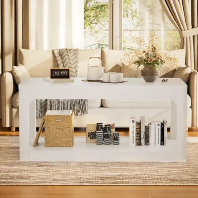 Immagine prodotto di Tavolino quadrato con spazio contenitivo aperto, piano del tavolo spesso 3 cm, tavolino da divano con design cavo, ideale per il soggiorno, colore bianco