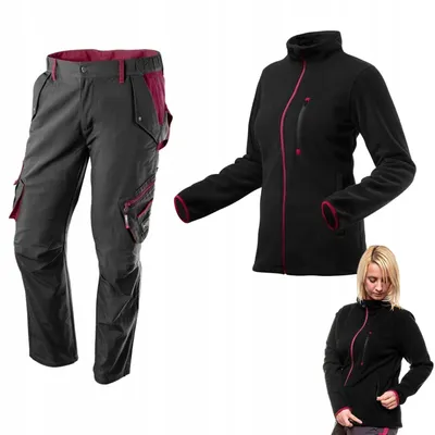 A product image displaying a set of workwear, including pants and a fleece jacket, with a model wearing the jacket.