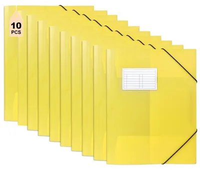 Produktbild von 10 A4-Ordner mit Eckverschluss, aus gelbem Kunststoff, mit Innenklappen und Gummiband.