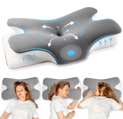 Obrázek produktu pro Ergonomický polštář z paměťové pěny, polštář ve tvaru motýla se dvěma výškami opory pro krk a ramena, vhodný pro spaní na boku i na zádech, pratelný polštář na oporu krku, šedý