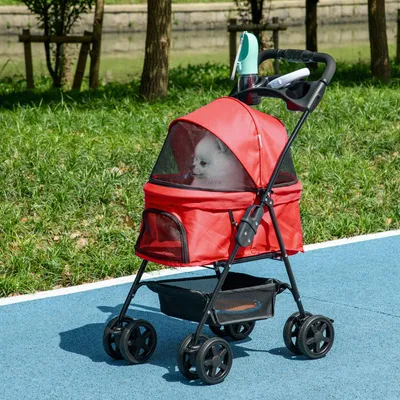Produktbild von Hundewagen, Hundebuggy klappbar mit Bodenkorb & 2 Becherhalter, 360°-Vorderräder, Rot | Stahl & Oxford-Gewebe | 5 kg | 67 x 45 x 96 cm