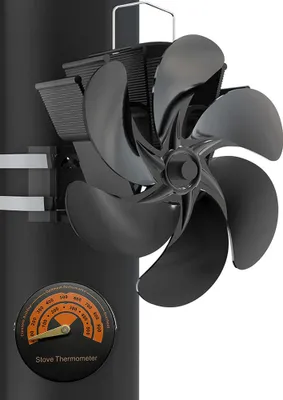 Produktbild von VOUNOT® 6 Blatt Ofenventilator Ohne Strom, Wärmebetriebener Kaminventilator Ventilator, Lüfter für Kaminofen, Ofenrohr, inkl. Thermometer