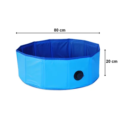 A blue inflatable pool with dimensions indicated.