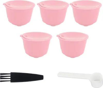 Obrázok produktu pre Kávové kapsule, sada opakovane použiteľných a doplňovateľných kávových filtrov a šálok, príslušenstvo pre DOLCE GUSTO (ružová, 5 kapsúl, 1 lyžička, 1 kefka)