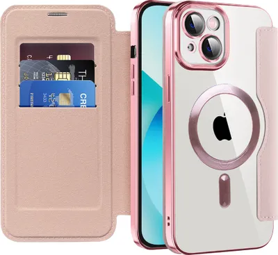 A pink iPhone 13 case with a card holder and a clear back showing the Magsafe ring and Apple logo.