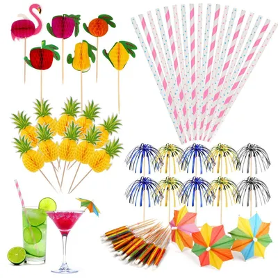 Produktbild von 120 Stück Cocktail Deko Set Wiederverwendbar Schirmchen Feuerwerk Strohhalme Holzspieße