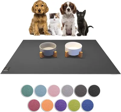 A collage showing a pet mat with two pet bowls on it, and a selection of different colored mats at the bottom. There are also four pets (two dogs, one cat, one kitten) in the top section.