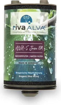 A water filter cartridge with branding and product information.