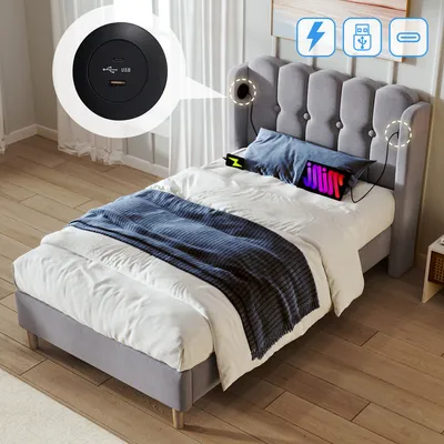 Produktbild von Flieks Polsterbett 90x200cm mit USB und Typ C, Jugendbett Kinderbett mit Lattenrost, Einzelbett Holzbett Klassische Betten, Leinen, Grau