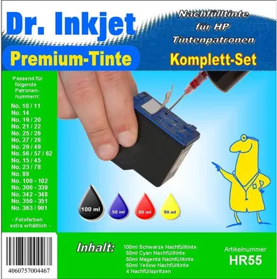 Produktbild von HR55 - Dr. Inkjet Komplettset mit 250ml Premium Nachfülltinte für HP - STARTERPACKUNG "Alles drin!"
