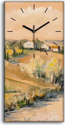 Produktbild von Wohnzimmer-Bild Leinwand Uhr Geräuschlos 30x60 Toskanische Landschaft Aquarelle - schwarze Hände