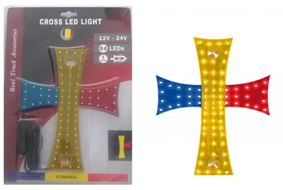Immagine prodotto di Croce luminosa a LED blu-giallo-rosso con bandiera della Romania, 84 LED, 12 V/24 V, 245 x 200 mm