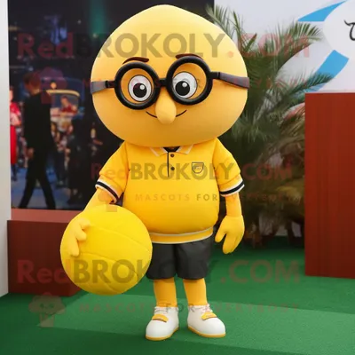 Immagine prodotto di Personaggio del costume della mascotte REDBROKOLY delle polpette gialle vestito con una maglietta da rugby e occhiali da vista