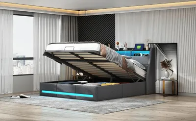 Obrázok produktu pre Dvojlôžko – rám postele 140 x 190 cm – s úložným priestorom – čelo postele s LED osvetlením a USB portom – kovový rám – rošt