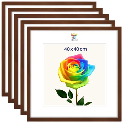 Produktbild von MG Design 5er Set Bilderrahmen 40 x 40 cm - Posterrahmen mit Braun Echtholzrahmen und bruchsicherem Acrylglas, Hoch & Quer mit stabiler Wandaufhängung