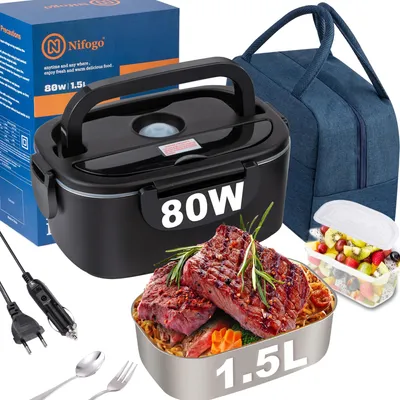 Image de Boîte à lunch électrique - Boîte à repas chauffante - 1,5 litre - 80 W - Pour voiture et pour la maison - Contenant intérieur en acier inoxydable - Sac isotherme - Prise européenne
