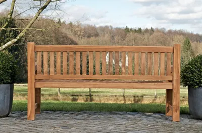 Image de Banc en teck CLP Jackson V2 : banc de jardin avec dossier, résistant aux intempéries, solide, en teck massif, dimensions : 120 cm