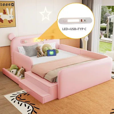 Produktbild von Flieks Kinderbett 140x200cm mit Nachtlicht und Usb, Polsterbett in Bären-Form, Spielbett Doppelbett mit Treppe und Schublade, Kunstleder, Rosa