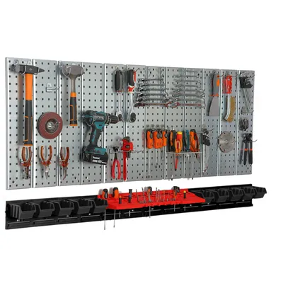 Produktbild von Werkzeugwand 156x72 cm Metall Lagersystem mit Werkzeughaltern Werkzeughaken und 10 Stapelboxen 80 x 115 x 60 mm Farbe: schwarz Lochbrett Werkstatt Garage Steckbrett Elektrowerkzeuge Lochwand