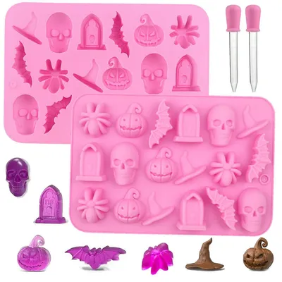 Productafbeelding van Halloween siliconen vormset met 2 vormen en 2 druppels, geschikt voor chocolade en snoepjes