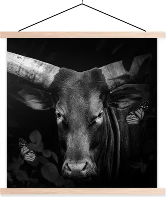 Produktbild von MuchoWow® Textilposter Tiere - Kuh - Dschungel - Schwarz - Weiß 120x120 cm mit holzfarbenen Rahmen - Textil-Poster