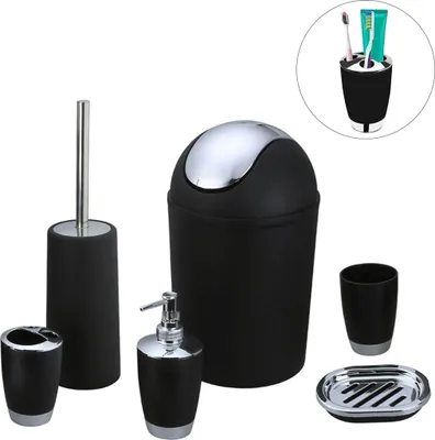Produktbild von OKWISH Badezimmer Set, 6-teiliges Badzubehör Seifenspender, WC Bürste, Seifenschale, Kosmetikeimer und Zahnputzbecher Schwarz matt